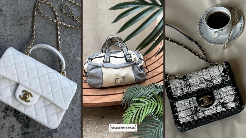 Chanel classic white shoulder bag, Chanel sports line Boston bag, Chanel tweed braided mini flap bag