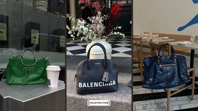 Balenciaga Green Leather bag, Balenciaga Ville Bag, and a Black Balenciaga Motocross Giant Bag