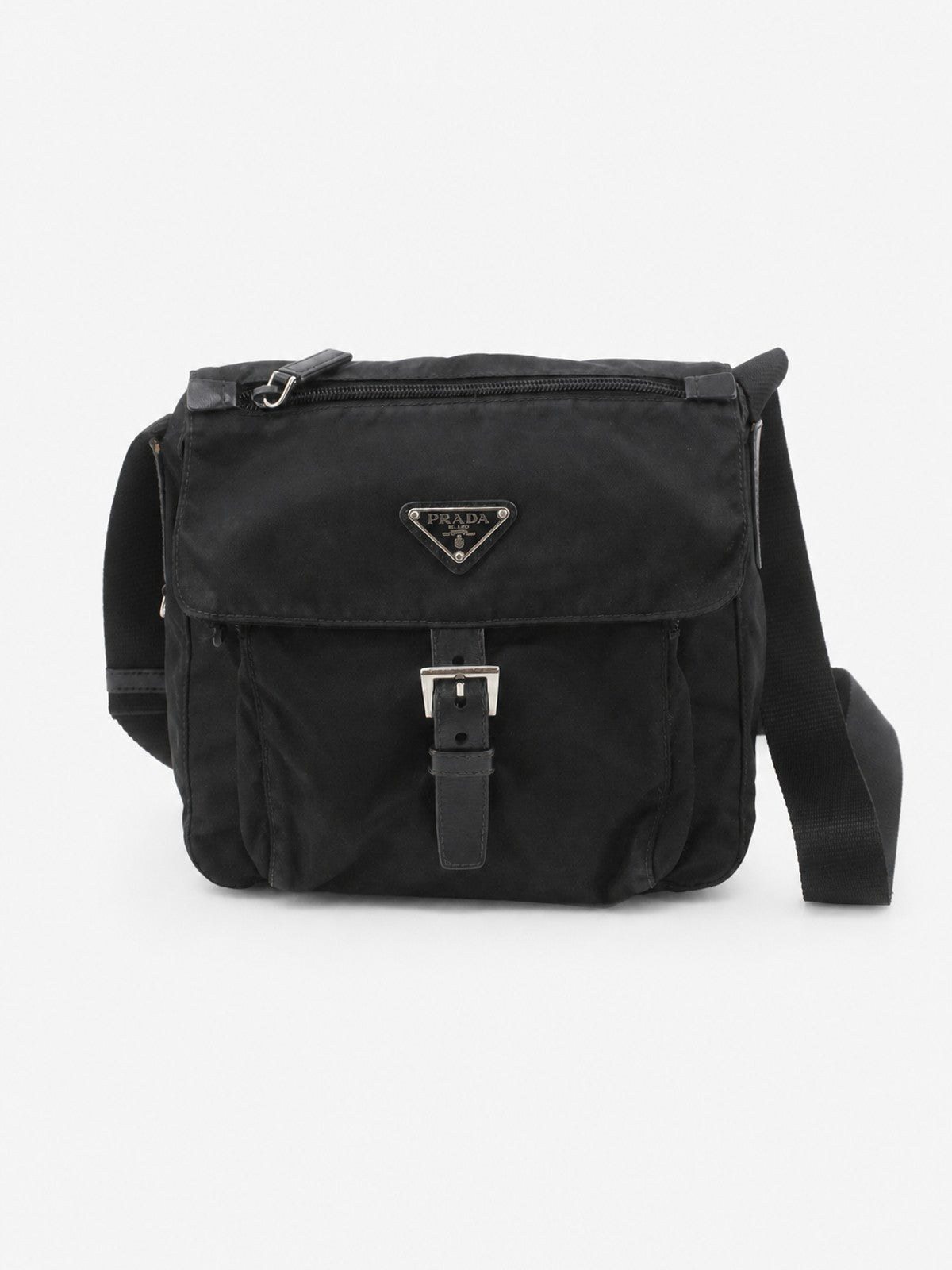 Prada Single Buckle Messenger Black Soft nylon
